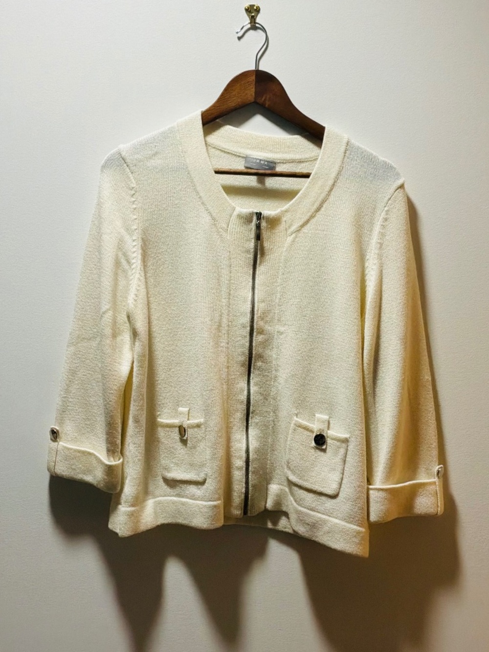 Jana Cream Textured Knit Zip Up Jacket Cardigan Flap Pockets Size XL